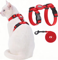 Cat Harness and Leash Set with Airtag Holder for Walking & Travelling - Red