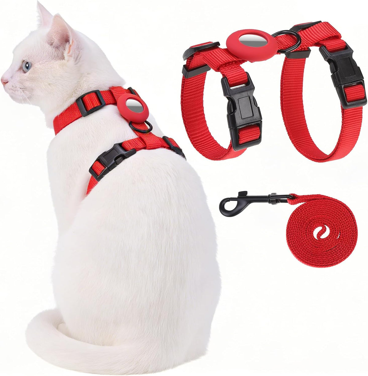 Cat Harness and Leash Set with Airtag Holder for Walking & Travelling - Red