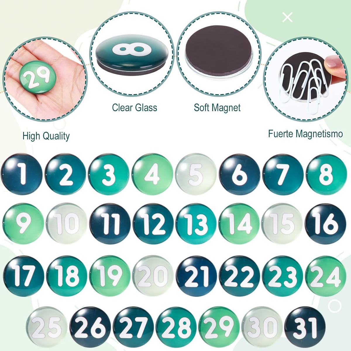 Tellegloww 1-31 magnetic calendar numbers in dark rainbow glass - view 29