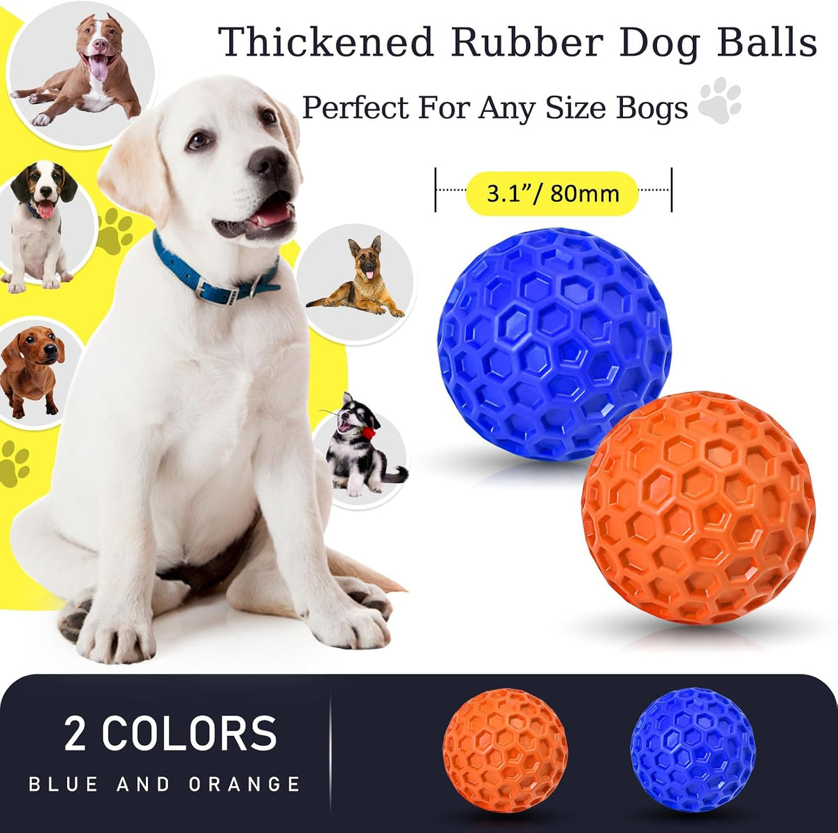 2 Pack Indestructible Squeaky Dog Balls for Aggressive Chewers - Blue+Orange - image 2