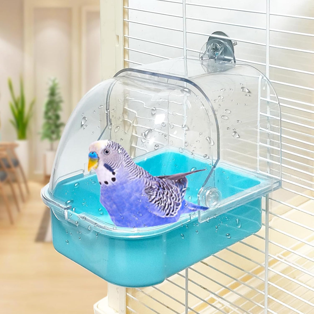 Bird Bath for Cage, Cleaning Pet Supplies Cockatiel Bird Bathtub with Hanging Hooks for Little Bird - blue