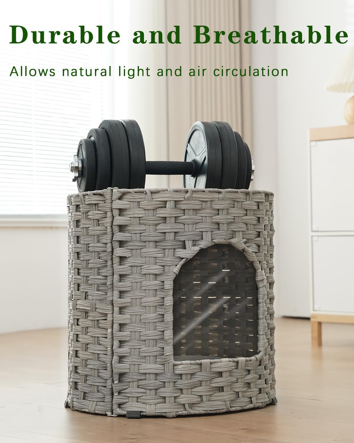 Cat Beds Indoor Kitten House, PE Rattan Cat Cave - Gray / Round-XL - image 3