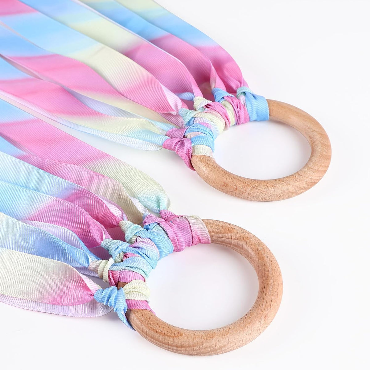 MEROCO 2-pack rainbow ribbon wands with natural wood rings and six fabric ribbons each