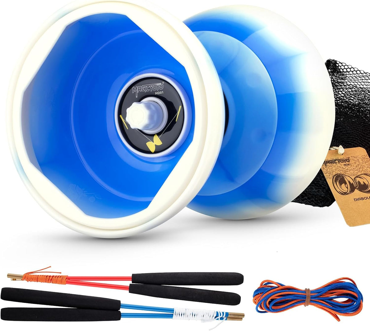 CHEE MONG MD01 triple bearing Chinese yoyo diabolo in blue and white with carbon sticks