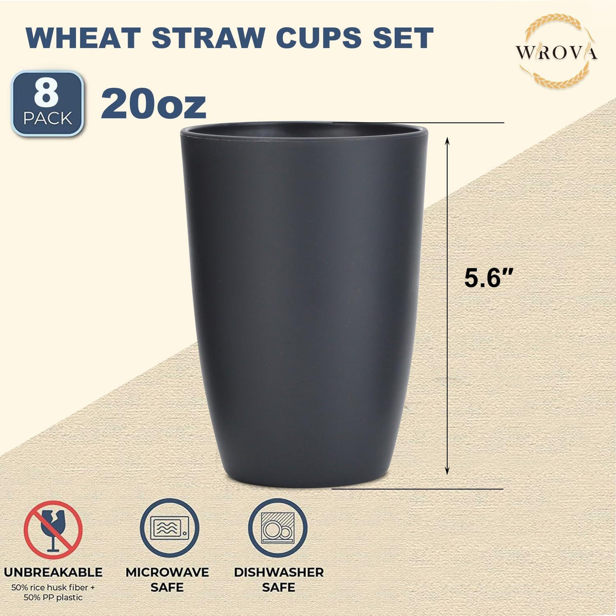 Wrova set of 8 black reusable wheat straw cups, 20 oz, stackable - view 11