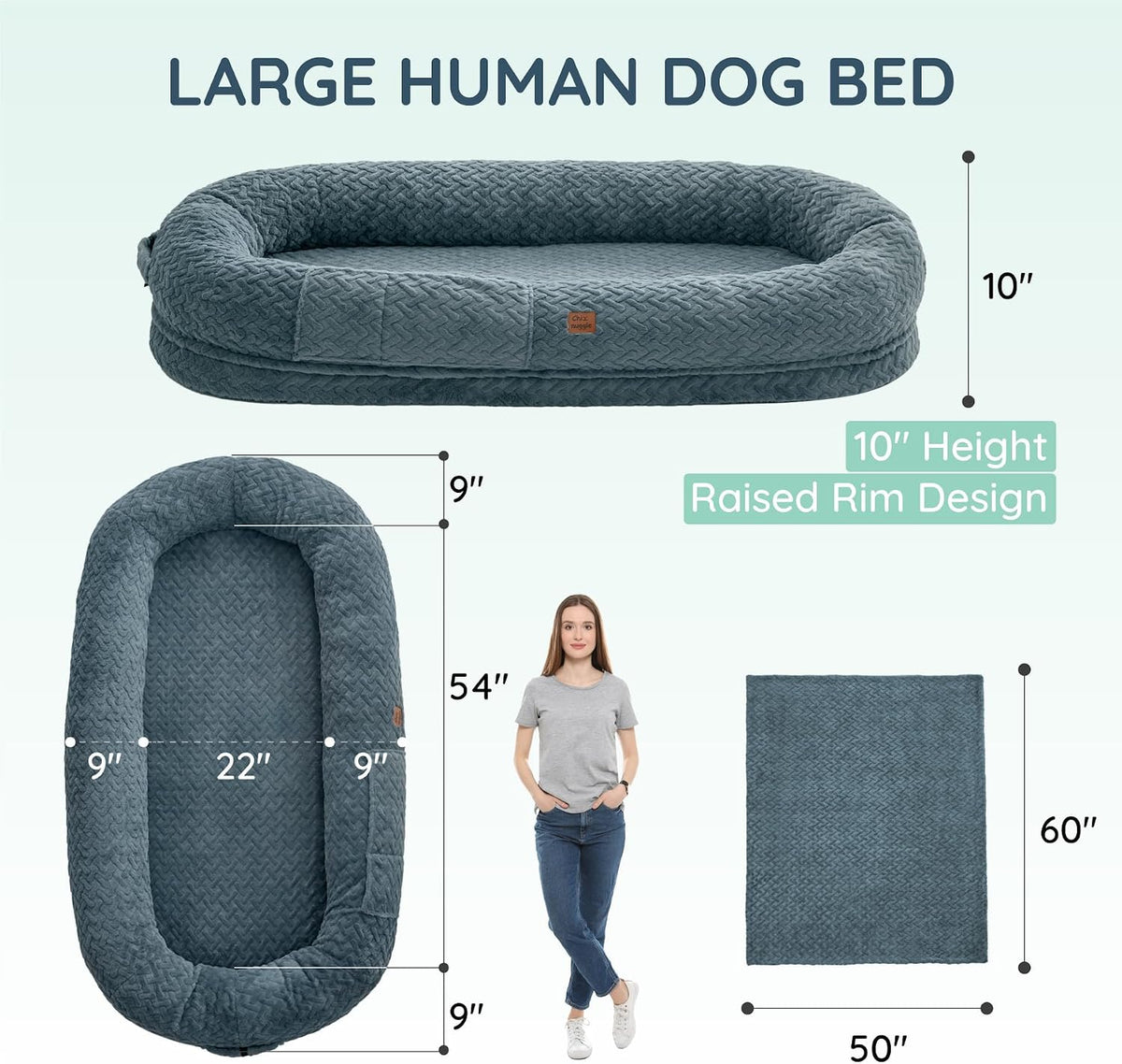 Orthopedic Human Dog Bed, with Faux Fur Washable Cover, Blanket - Bluish Grey / Human Dog Bed (72x40x10) - image 3