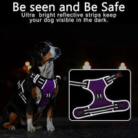 Timos Dog Harness Large Sized, No Pull with Neck Lockable Snap,No Choke Front Clip Dog Reflective Harness,Adjustable Metal Rings 3 Buckles,Easy Control Handle for Large Dogs Purple XL