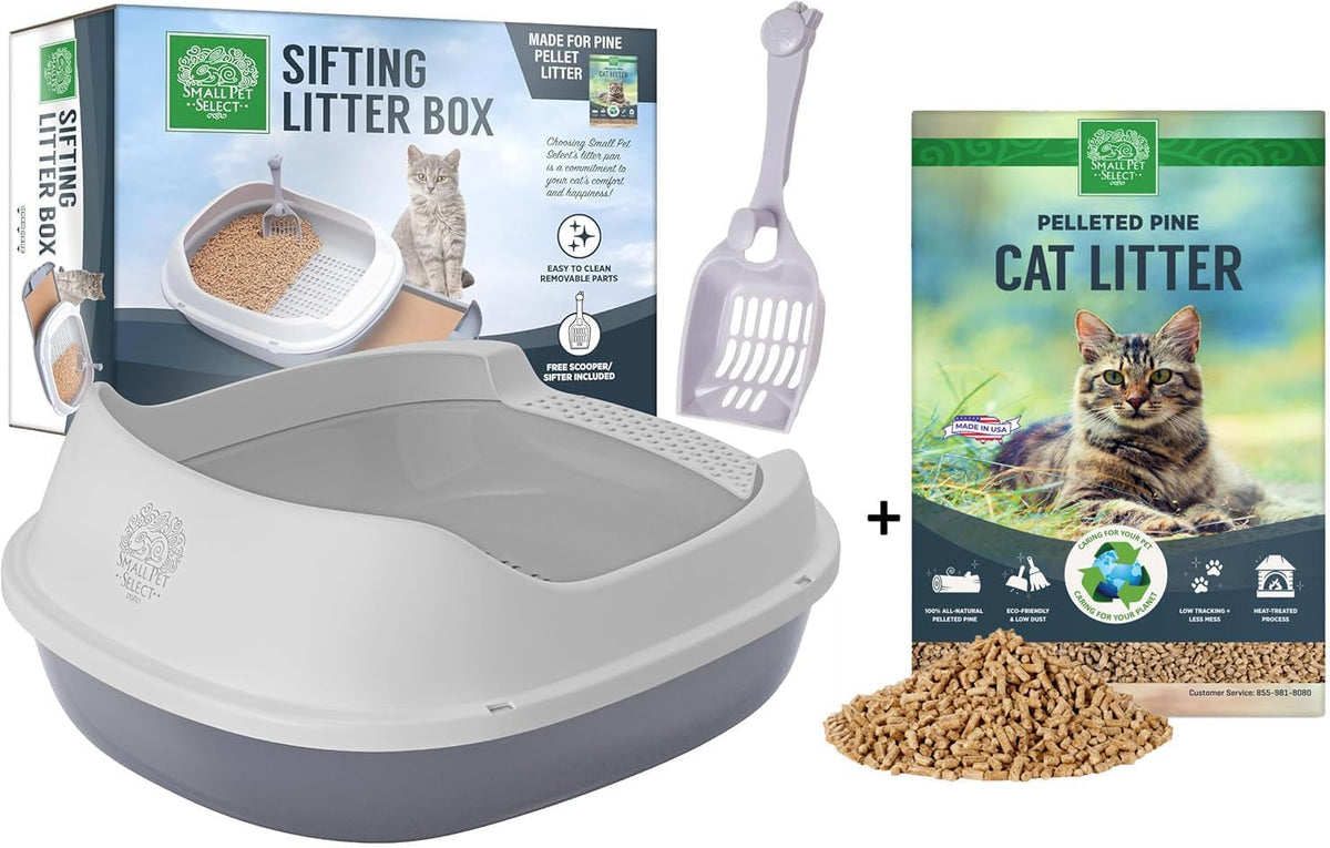 Small Pet Select Sifting Cat Litter Box, with Scoop & 5 Pee Pads – Daily Care for Cats - Sifting Litter Box and 8LB Pine Pelleted Litter / Gray
