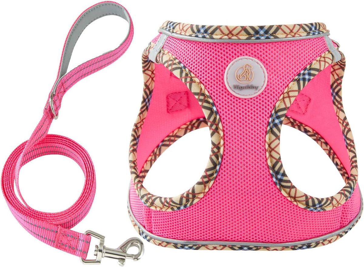 Hipubby Dog Harness Small Sized and Leash Set - Rose Red/Khaki Trim / XXS (Chest: 11"-12.5")