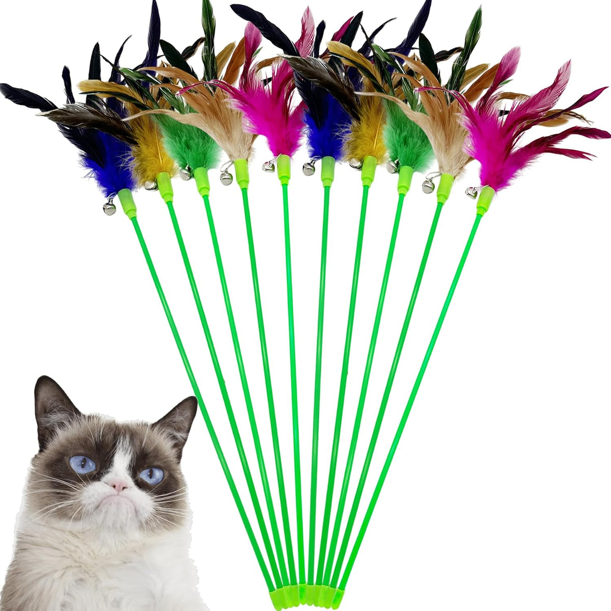 Cat Wand Feather Toys, 6 Pieces Interactive Cat Feathers Teaser Toy for Indoor Cats Play – Essentials for Cats - 10PCS Cat Wand Toys
