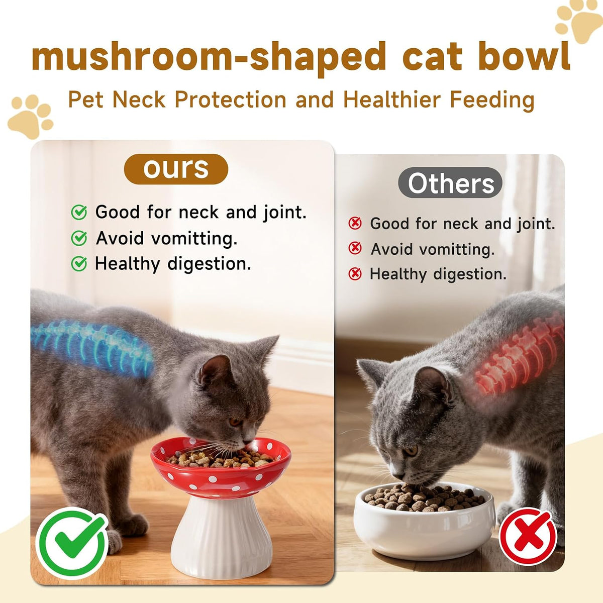Mushroom Cat Bowl, Whisker Fatigue Cat Bowl, Cute Cat Bowls - Red+Yellow - image 3