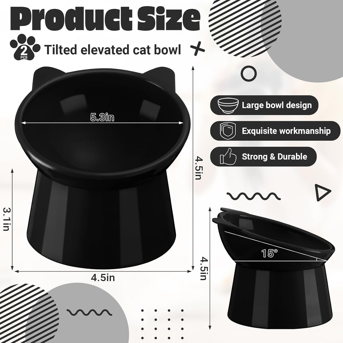 Zhehao 2 Pcs Elevated Cat Bowl Set, Tilted 15° - Cat Ears / Black - image 2