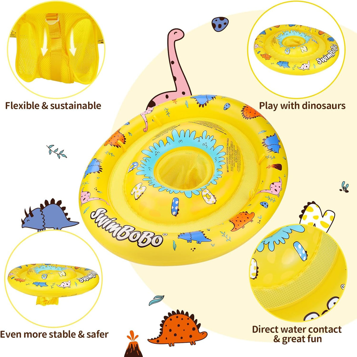 Inflatable Baby Swimming Float with Safety Seat Fun Swimming Pool - Colorful Dinosaur - image 2