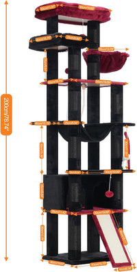 Heybly Tall Cat Tree, 78-inch Multi-Level Cat Tower for Indoor Cats, 2 Widened Plush Perches Cat Condo with Scratching Board and Big Caves, Black and Red HCT033BR