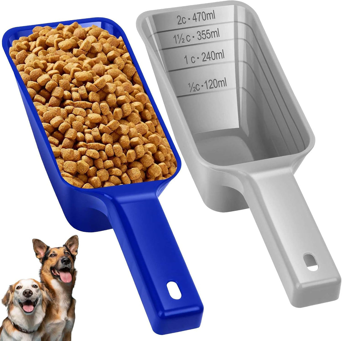 2 Cup Dog Food Scoop, Plastic Pet Food Scoop with Measuring Lines for Accurate Pet Food - Blue and Grey