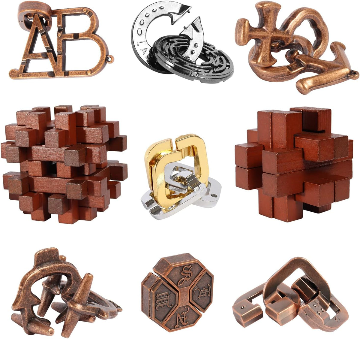 ActPo 9 piece brain teaser puzzles set with metal and wooden 3D puzzles