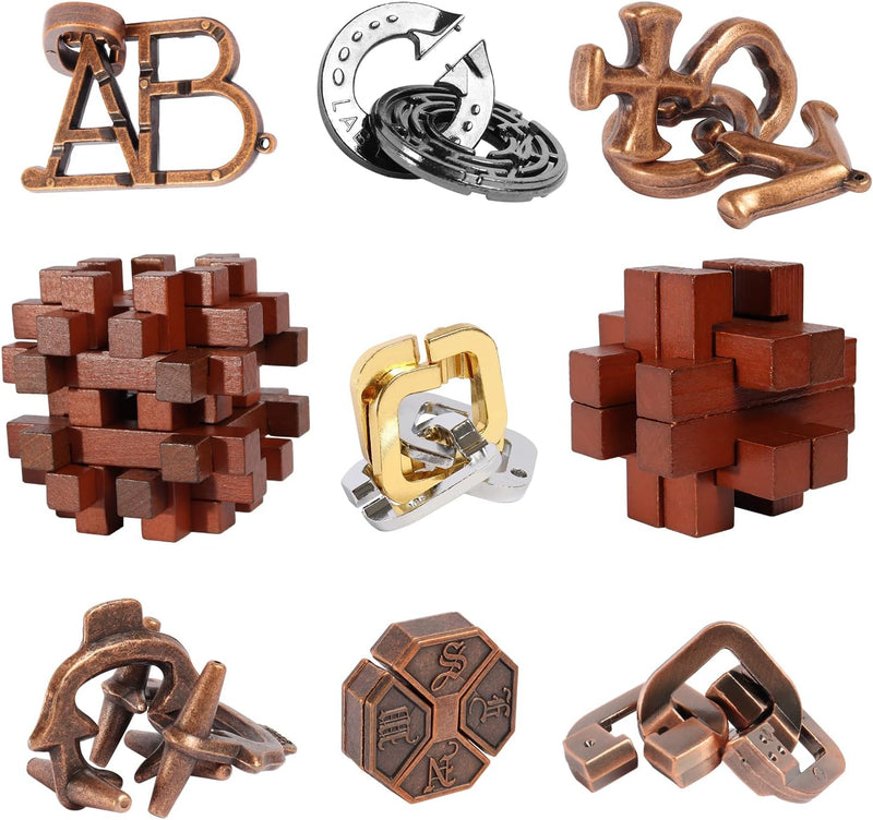 ActPo 9 piece brain teaser puzzles set with metal and wooden 3D puzzles