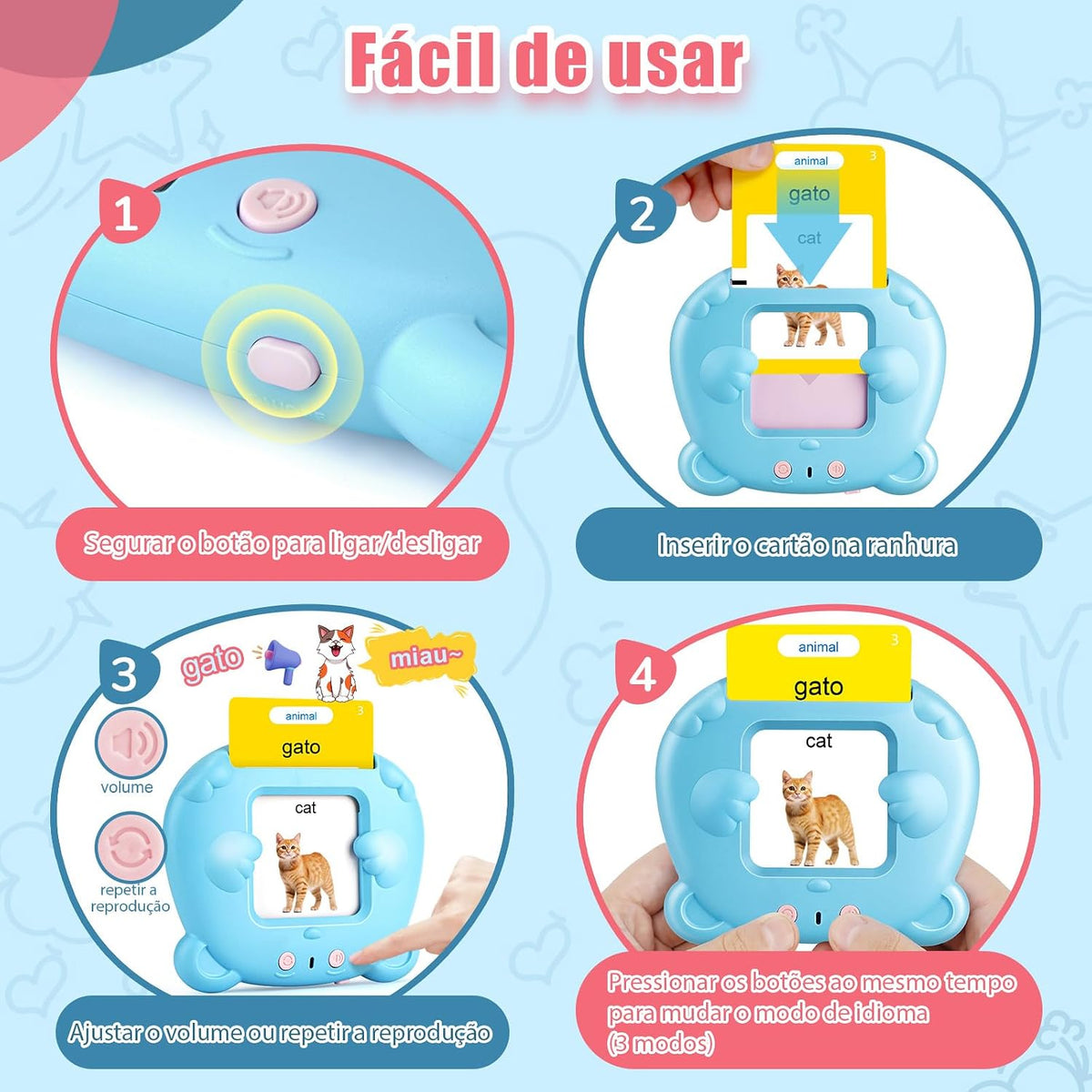 Spanish & English Talking Flash Cards for Toddler - Blue / Portuguese & English (224 Words) - image 4