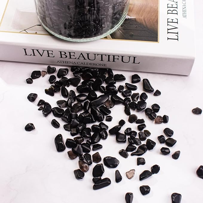 0.5 Lb/230g Black Aquarium Gravel Rocks Fish Tank Marbles Pebbles Small, Polished Natural Tumbled Healing Crystal Chips Bulk Crushed Stones for Crafts|Fish Turtle Tank|Home Decoration - 7-9m