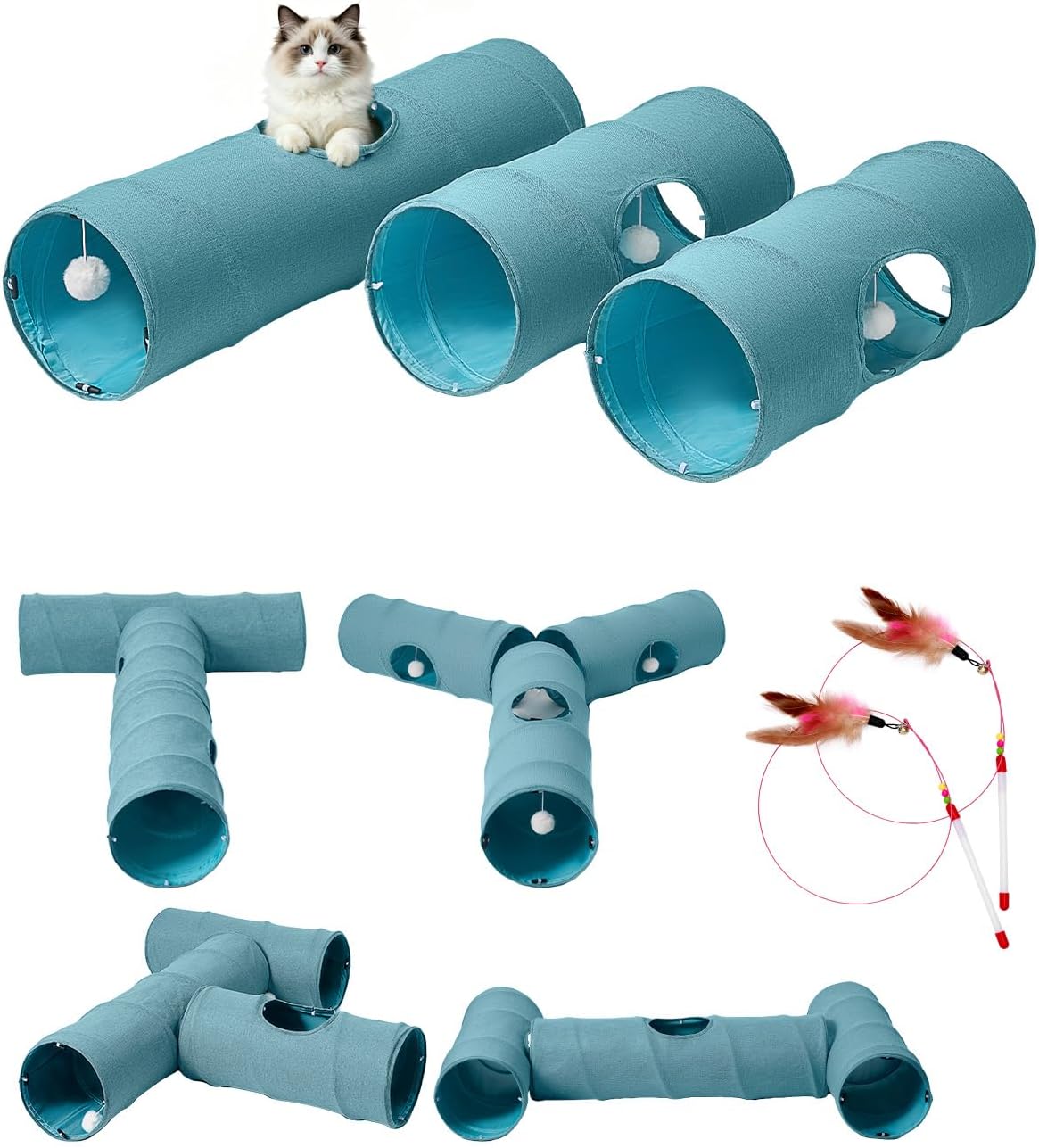 Cat Tunnel, 3 Straight Shaped Tunnels 6 DIY Shapes with Wand Toys, No Noise Scratch Resistant Cool - Blue