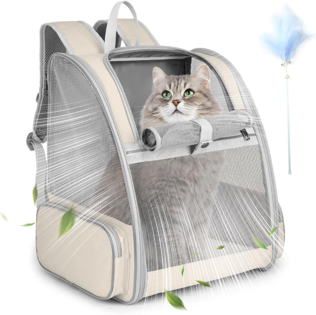 Cat Backpack Carrier, Small Dog Carrier Backpack with Fully Ventilated Mesh, Kitten Wand Feather - Beige
