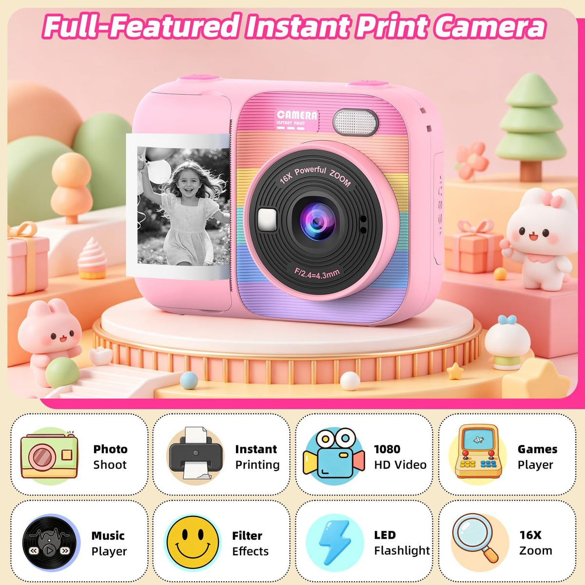 Kids Instant Print Camera with 5 Rolls Print Paper - PINK-02 - image 3