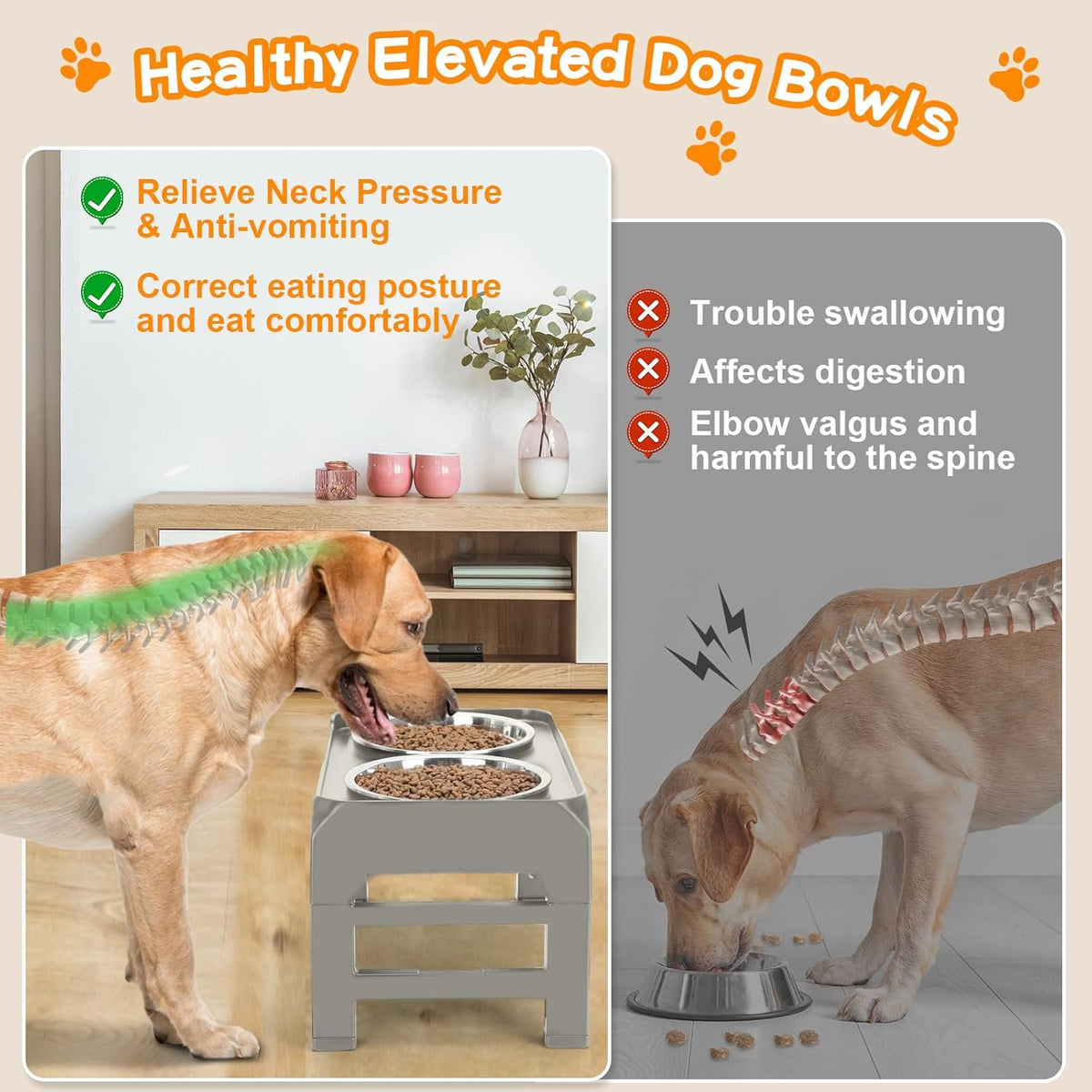 Elevated Bowls, 4 Height Adjustable Raised Stand With 2 Thick 50oz Stainless Steel Food Bowls - Light Brownish Gray / 8" for Medium Dogs - image 3