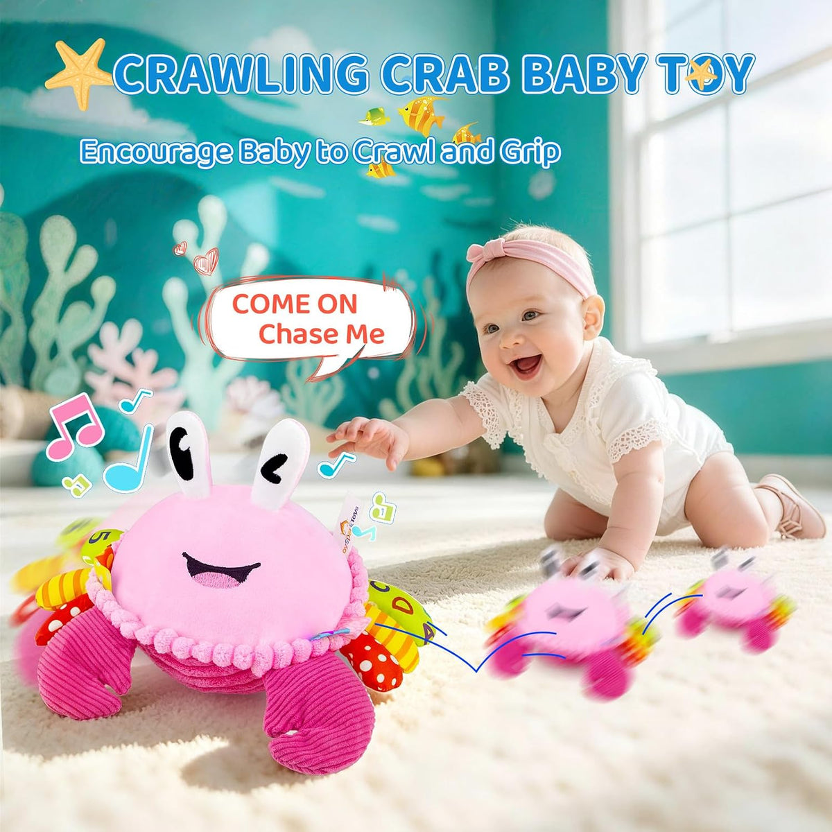 Musical Crawling Crab Baby Toy - Pink - image 3
