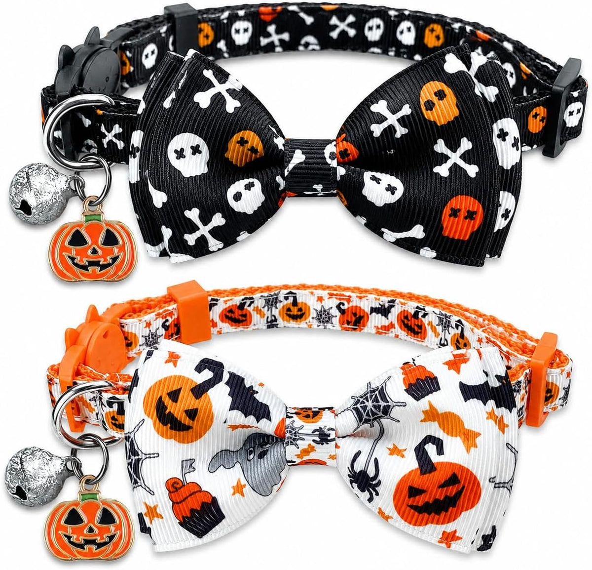 2 Pack Halloween Cat Collars with Bells, Breakaway - Jack-O-Lantern/Skeleton Dance
