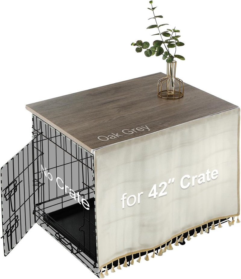 Dog Crate Topper Wood with Tassel Curtain for 36 inch Crate – Essentials for Dogs - 42 inch / Oak Grey