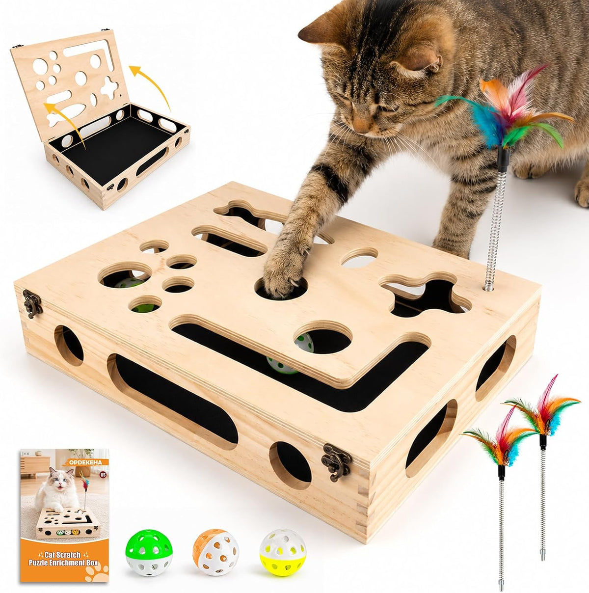 OPDEKEHA wooden cat scratch puzzle enrichment box with bell balls and feather wands