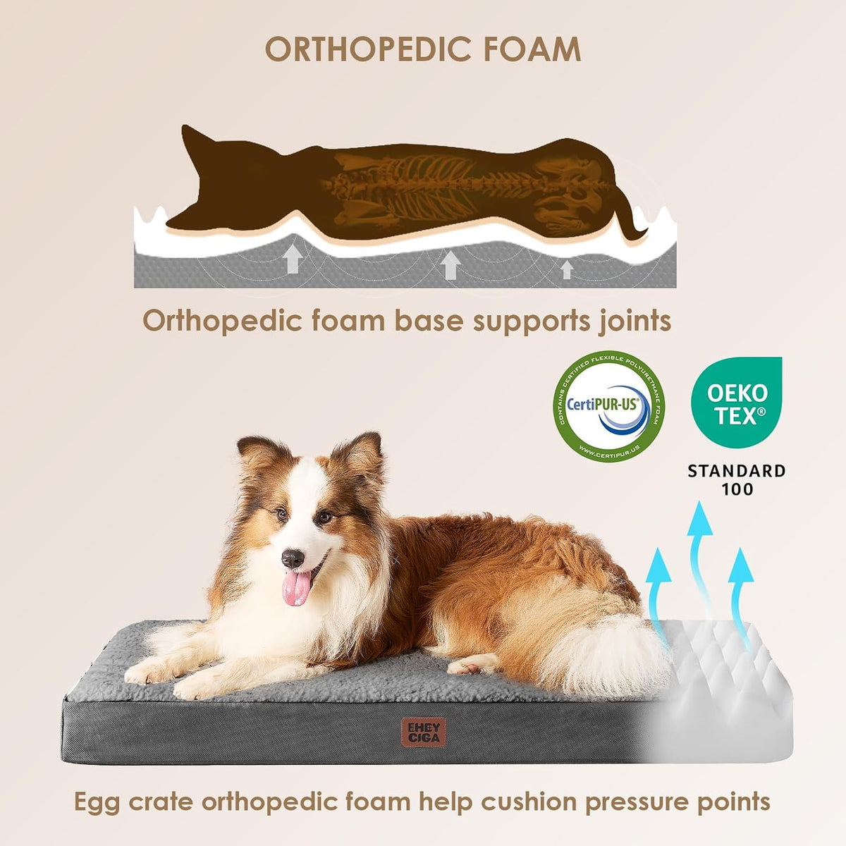 EHEYCIGA Orthopedic Dog Bed Large with Removable Washable Cover - 41*27*3.5 inches / Grey - image 2