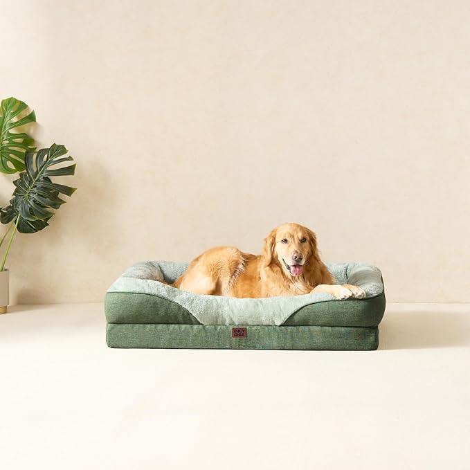 EHEYCIGA Memory Foam Dog Bed for Large Sized, Orthopedic Dog Sofa with Sides and Waterproof Liner, Washable Bolster Pet Couch with Removable Cover, 41x27x7.5 Inch, Green