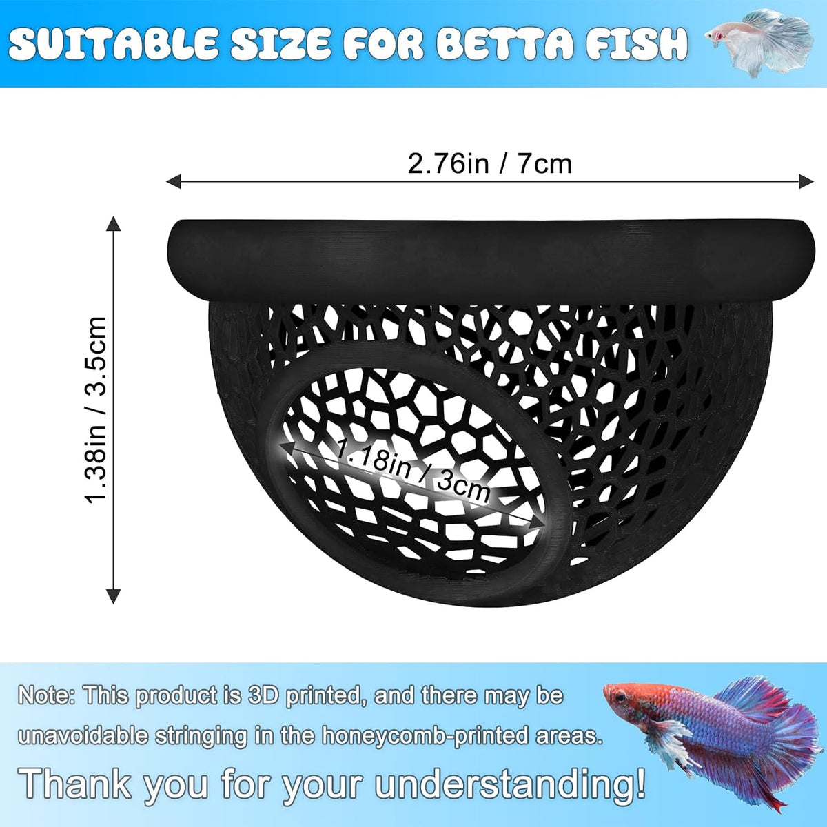 Floating Betta Hide & Shrimp Cave, 3D Printed Aquarium Decor - Black - image 2