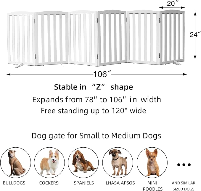 ZJSF Foldable Freestanding Indoor Dog Gate for House Wood White Long Pet Gates Dog Fence for Stairs Puppy Gates for Hallways,Pet Fence, Puppy Gate,Support Feet Included 24 "Height-6 Panels