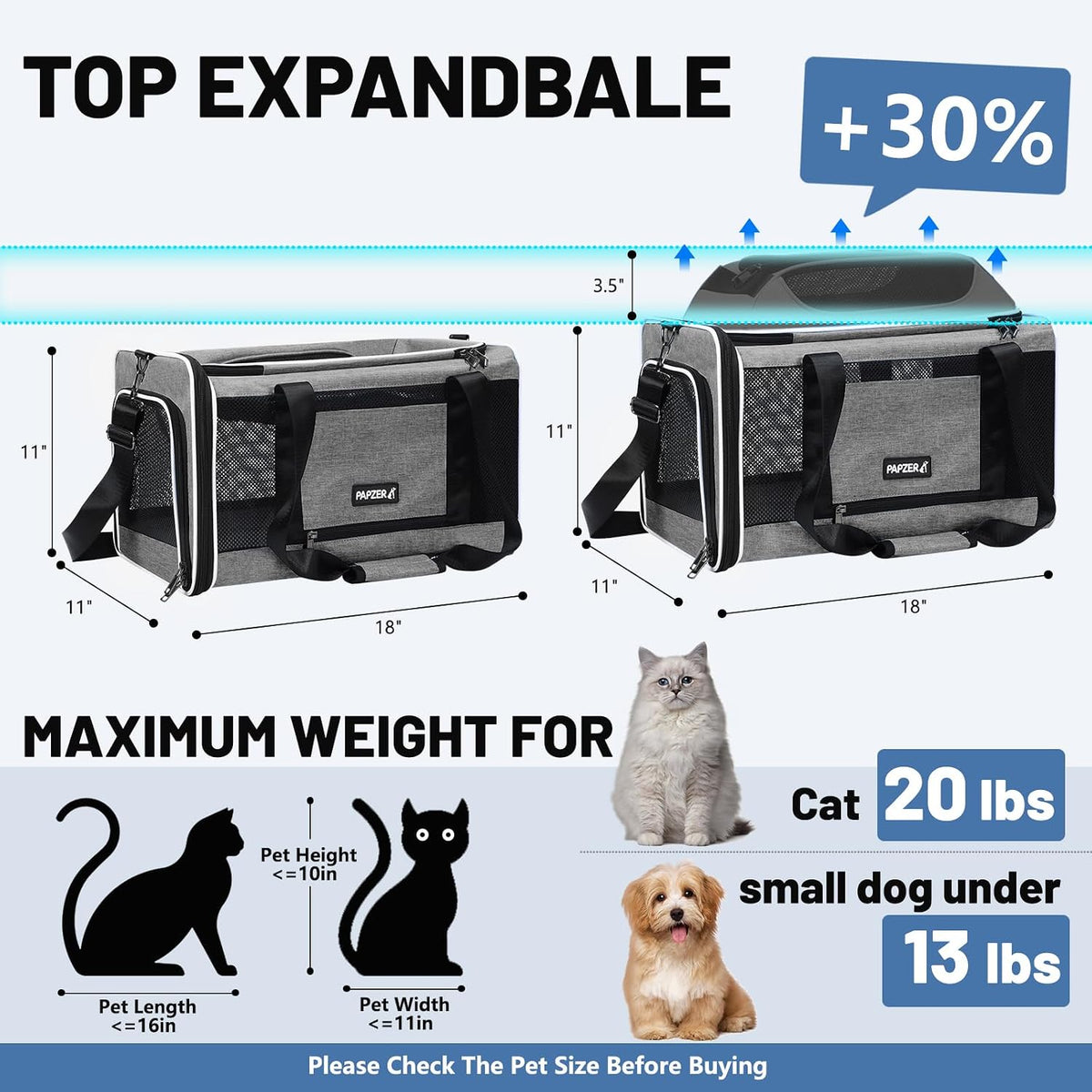 Cat Carrier Top-Expandable 18x11x11 - Grey - image 2