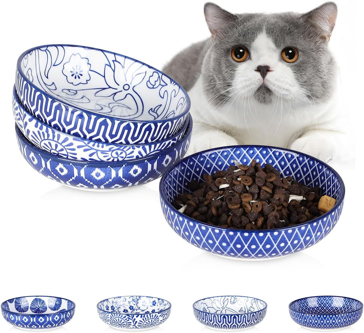 Selamica Ceramic Cat Bowls Set of 6 - 5.6 Inch, Set of 4 / Vintage Blue