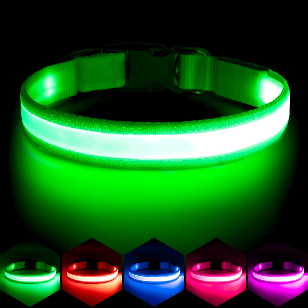 VIZPET LED Dog Collar, Light up Dog Collar Adjustable Safety Glow Collar,M – Essentials for Dogs - Green / Medium[14.96-19.68 inch]