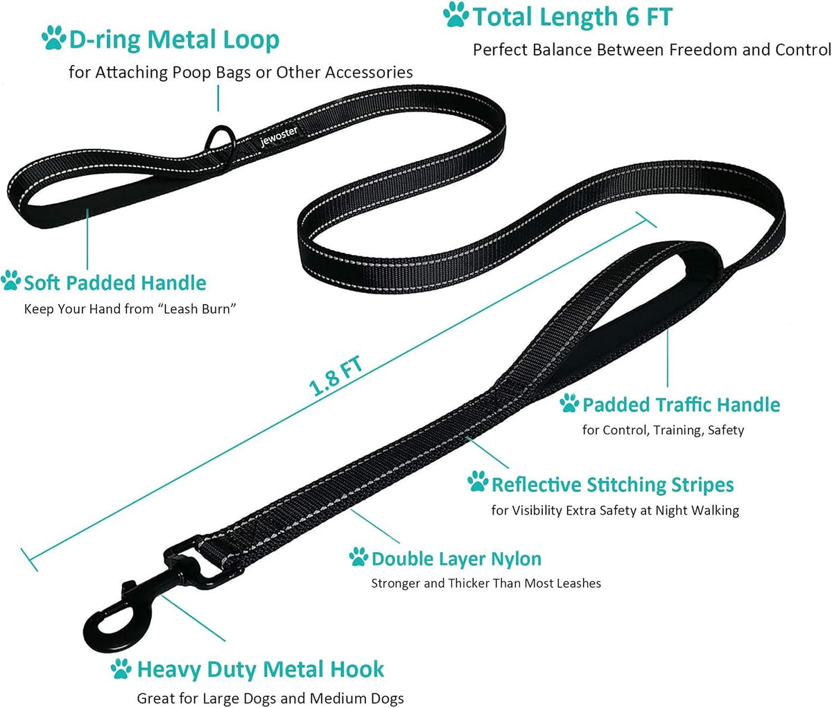Heavy Duty Dog Leash - 2 Handles by Padded Traffic Handle for Extra Control, 6foot Long - Perfect - 6 ft / Black Red - image 2