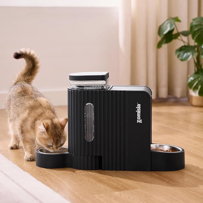 Gravity Cat Feeder and Water Dispenser with 304 Stainless Steel Bowls, 2 in 1 Automatic Cat Feeder with 180 Degree Rotatable Water Bowl, Large Capacity for Puppy Kitten Rabbits, Black