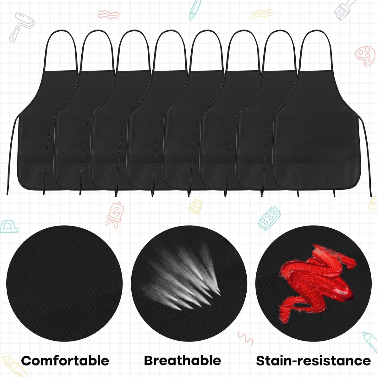 PLULON 8 Pcs Colorful Apron Kids Aprons for Painting Cooking Art Smock – Fun for Kids & Family - Black / 30 - image 3