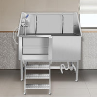 50" Pet Dog Bathing Station W/Ramp, Professional Stainless Steel Dog Grooming Tub W/Storage Drawer, Floor Grate, Faucet, Dog Bathtub For Large,Medium, Small Pets, Washing Sink For Home (50"Left ramp)