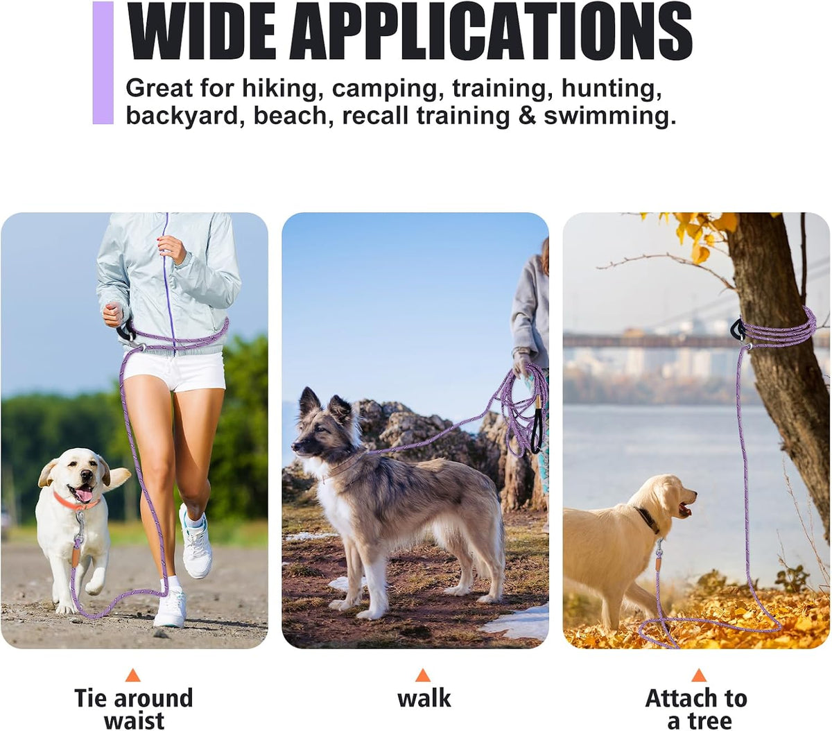 Long Dog Leash Reflective Rope Training Lead 15ft 30ft 50ft Check Cord – Essentials for Dogs - Light Purple / 15ft x 3/8inch - image 4