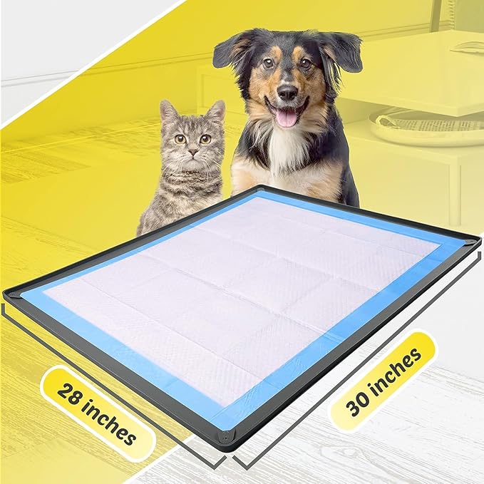 TidyFriend 2 Pk Pee Pad Holder Tray for 28” x 23” Pee Pads with Corner Lock Holes, Raised Edges, Non-Spill, Easy to Clean Silicone Dog Potty Tray Holder, for Indoor Floor Protection (Black)