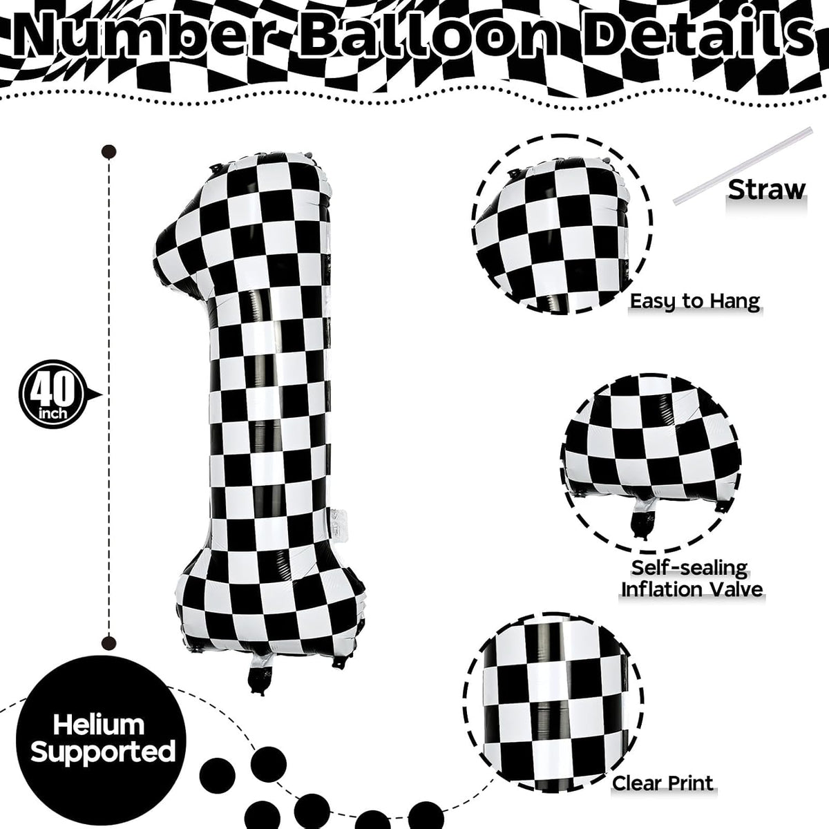 Checkered Number Balloon 1 - Checkered / Number 1 - image 2