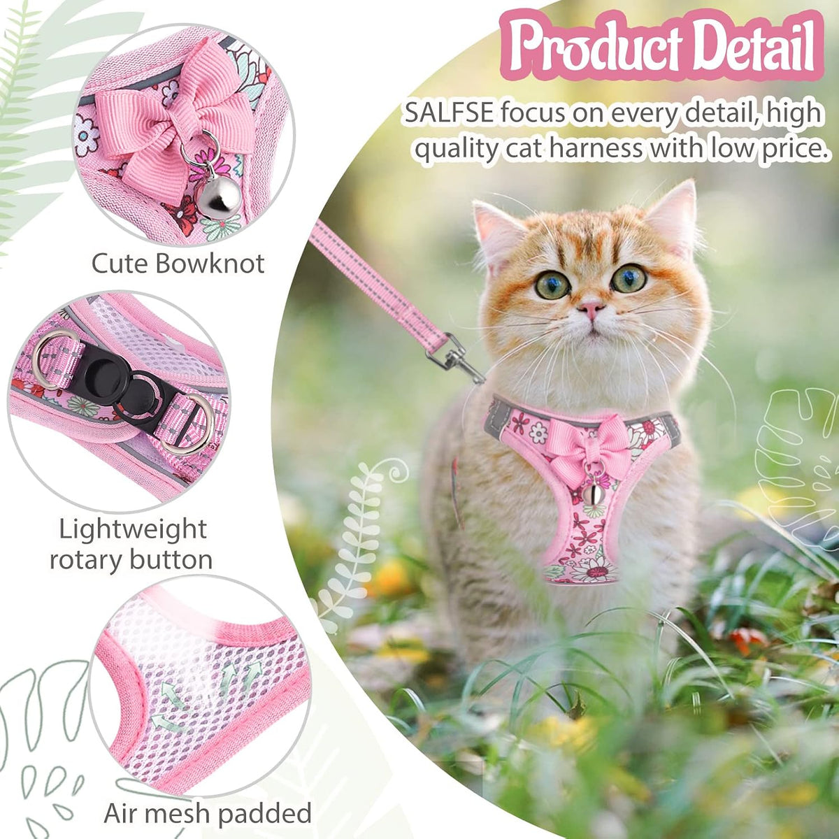 Cat Harness and Leash Escape Proof for Walking - L-Chest(15.7"-17.7") / Pink - image 4