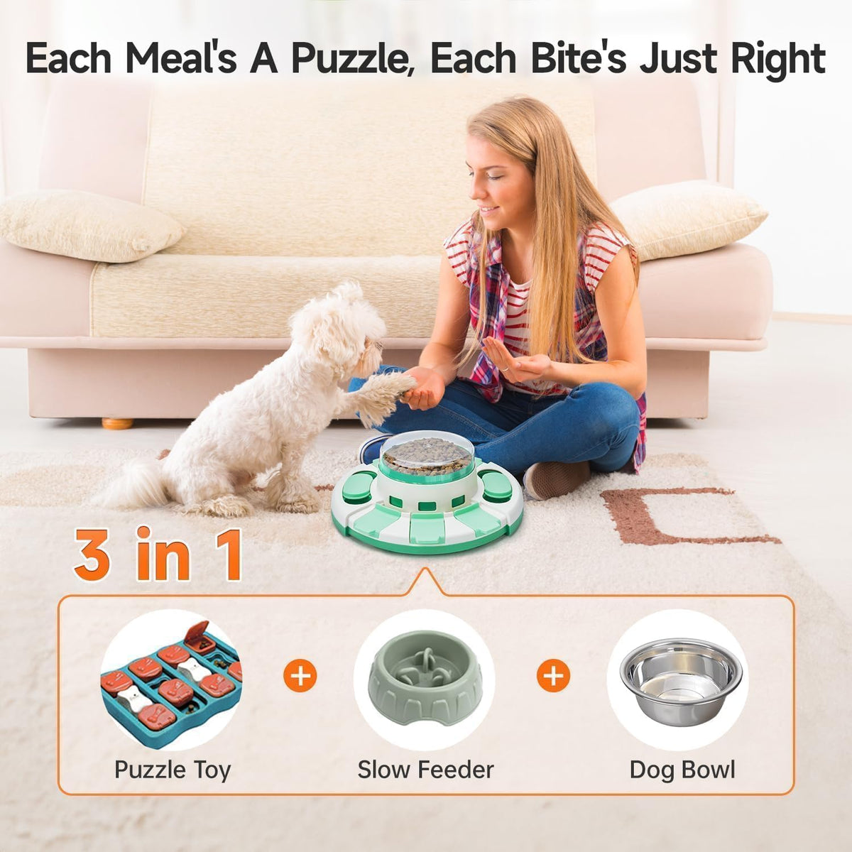 Potaroma Dog Puzzle Toy 2 Levels, Slow Feeder - Green White - image 2