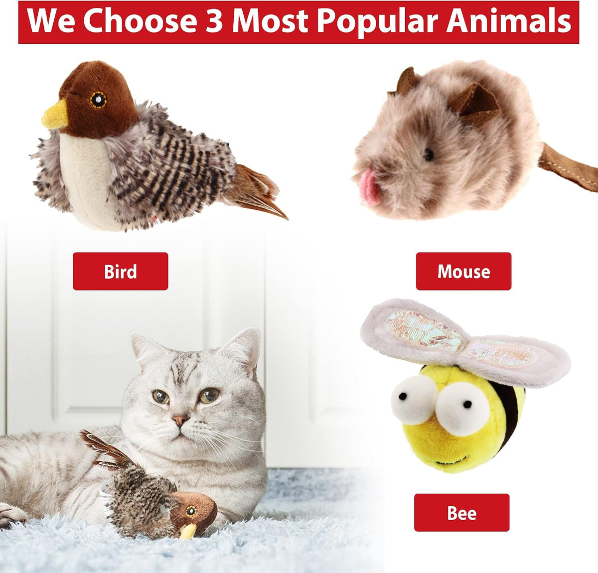 GiGwi Interactive Cat Toys Squeaky - Bird+Mouse+Bee - image 2