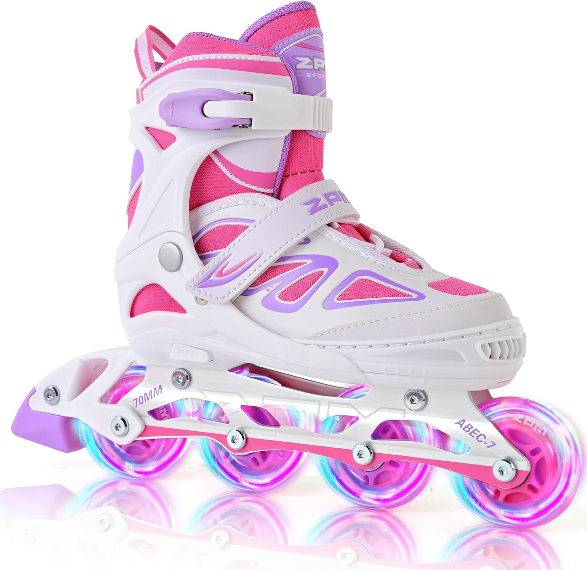 2PM SPORTS Adjustable Inline Skates for Kids, Youth and Adults - White Pink / Small - Little Kid (10.5C-12.5C US)