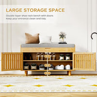 Shoe Storage Bench, Bamboo Entryway Bench with 2 Doors & Padded Seat Cushion, 35.4" W x 12.6" D x 19.7" H, 2-Tier Shoe Rack with Lift Top Hidden Storage, for Entryway, Living Room, Bedroom, Natural